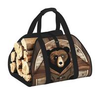 CNTDBU Rustic Lodge Bear Firewood Carrier Bag-Heavy Duty Canvas Log Tote, Waterproof Wood Hauler with Padded Handles