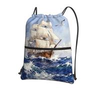 CNTDBU Sailing Ship Ocean Drawstring Backpack with Zip-Waterproof Lightweight Daypack for Gym Sports, Adjustable Cinch Bag for Travel Hiking