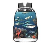 CNTDBU Sharks under the sea Clear Backpack 16 Inch-Transparent PVC Stadium Approved Bag, Custom All-Over Print Front Pocket, Lightweight Travel Daypack Unisex