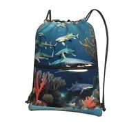 CNTDBU Sharks under the sea Drawstring Backpack with Zip-Waterproof Lightweight Daypack for Gym Sports, Adjustable Cinch Bag for Travel Hiking
