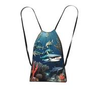 CNTDBU Sharks under the sea Foldable Drawstring Rucksack-Lightweight Packable Reusable Shopping Bag for Travel, Compact Pocket Sling Backpack for Camping Gym
