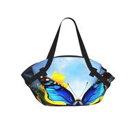 CNTDBU Sunflower Blue Butterfly 2-in-1 Picnic Blanket Bag-Foldable Waterproof Round Mat for Beach Park, Portable Camping Tote with Storage Pockets for Outdoor Adventures