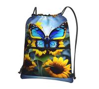 CNTDBU Sunflower Blue Butterfly Drawstring Backpack with Zip-Waterproof Lightweight Daypack for Gym Sports, Adjustable Cinch Bag for Travel Hiking