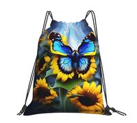 CNTDBU Sunflower Blue Butterfly Large Cinch Sack Bag-Waterproof Lightweight Rucksack For Gym Sports, Casual Drawstring Backpack For Travel Hiking