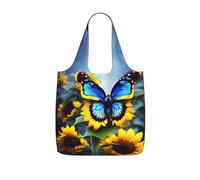 CNTDBU Sunflower Blue Butterfly Packaway Shopping Tote-Lightweight Reusable Foldable Bag for Groceries, 25L Travel Rucksack with Drawstring for Work Gym