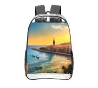 CNTDBU Sunset in Barcelona Clear Backpack 16 Inch-Transparent PVC Stadium Approved Bag, Custom All-Over Print Front Pocket, Lightweight Travel Daypack Unisex