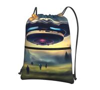 CNTDBU UFO landing Drawstring Backpack with Zip-Waterproof Lightweight Daypack for Gym Sports, Adjustable Cinch Bag for Travel Hiking