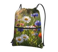 CNTDBU Wild Flower Meadow Drawstring Backpack with Zip-Waterproof Lightweight Daypack for Gym Sports, Adjustable Cinch Bag for Travel Hiking