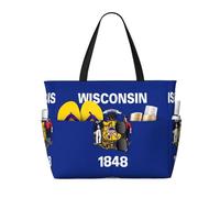 CNTDBU Wisconsin State Flag Large Capacity Beach Travel Bag-Waterproof Weekender Duffle with 7 Pockets, Oversized Tote for Gym Camping, Lightweight Foldable