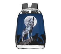 CNTDBU Wolf King Howl Clear Backpack 16 Inch Heavy Duty-Stadium Approved Transparent PVC Bookbag, Reinforced Bottom Travel Daypack Unisex