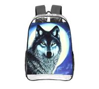 CNTDBU wolf under moon Clear Backpack 16 Inch-Transparent PVC Stadium Approved Bag, Custom All-Over Print Front Pocket, Lightweight Travel Daypack Unisex