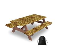 CNTDBU Yello Leopard print Picnic Table Cover 60in-Waterproof Bench Covers Set for Camping, Elastic Edge Tablecloth for Outdoor BBQ