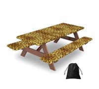 CNTDBU Yello Leopard print Picnic Table Cover 72in-Waterproof Bench Covers Set for Camping, Elastic Edge Tablecloth for Outdoor BBQ