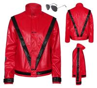 Cnulaueu Mens Jazz Singer Cosplay Costume Red PU Jacket Thriller Uniform Suit Halloween Stage Dance Outfit Punk Coat (Red, XX-Large)