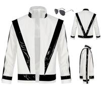 Cnulaueu Mens Jazz Singer Cosplay Costume Red PU Jacket Thriller Uniform Suit Halloween Stage Dance Outfit Punk Coat (White, 3X-Large)