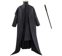 Cnulaueu Men's Professor Snape Cosplay Costume Black Wizard Coat Robe School Uniform Coat Suit Halloween Outfit (Black Suit + Wand, M)