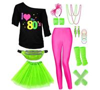 Cnulaueu Womens 80s Retro Disco Costume Suit 1970s Fishnet T-shirt Vest Leggings Full Set with Other Accessories (Black Suit 1, Small)