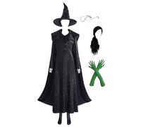 Cnulaueu Womens Bad Witch Cosplay Costume Black Witch Cloak Robe Suit Halloween Outfits Dress Cape Hat Gothic Full Set (Black with Wig, 3X-Large)