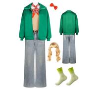 Cnulaueu Womens Little Witch Cosplay Costume Halloween Outfit Witch Green Jacket Denim Pants Dailywear Uniform Suit (Green with Wig, L)