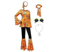 Cnulaueu Womens Multicolor Printing Retro Disco Costume Suit 1970s Hippie T-shirt Pants with Headwear Glasses Necklace (Orange, XX-Large)
