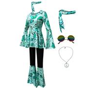 Cnulaueu Womens Multicolor Printing Retro Disco Costume Suit 1970s Hippie T-shirt Pants with Headwear Glasses Necklace (Cyan, Large)