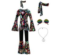 Cnulaueu Womens Multicolor Printing Retro Disco Costume Suit 1970s Hippie T-shirt Pants with Headwear Glasses Necklace (Black, X-Large)