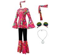 Cnulaueu Womens Multicolor Printing Retro Disco Costume Suit 1970s Hippie T-shirt Pants with Headwear Glasses Necklace (Rosy, Small)