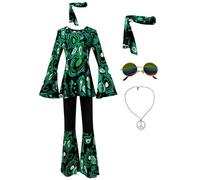 Cnulaueu Womens Multicolor Printing Retro Disco Costume Suit 1970s Hippie T-shirt Pants with Headwear Glasses Necklace (Dark Green, Large)