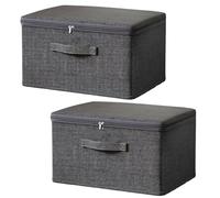 Cnwinu 2PCS Storage Box with Lids and Zips,Grey Foldable Fabric Wardrobe Storage Organiser,Stackable Storage Boxes with Reinforced Handle,Clothes Storage Boxes for Blanket Toy Comforter Bed Sheet(M)