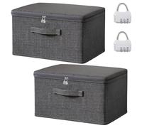 Cnwinu 2PCS Storage Box with Lids and Zips,Grey Foldable Lockable Wardrobe Storage Organiser,Stackable Storage Boxes with Reinforced Handle,Clothes Storage Boxes for Blanket Toy Comforter Bed Sheet(M)