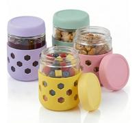 Cnwinu 4 PCS 480ml Glass Overnight Oats Jar,Overnight Oats Container with Silicone Sleeves,Mason Jars with Lids,Yoghurt Pots Breakfast Pots for Oatmeal Chia Pudding Yogurt Snacks Porridge Salads