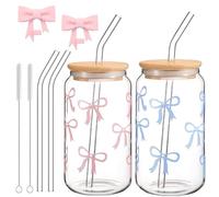 Cnwinu Bow Glass Cups with Lids and Straws Set,2PCS 500ml Iced Coffee Cups with Cleaning Brushes,Clear Cute Reusable Matcha Cup Tumbler Cup for Tea,Coffee,Juice,Cocktail(Pink and Blue Bow)