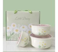 Cnwinu Ceramics Salad Bowl with Lid Sets,Soup Bowls,Kitchen Noodle Bowl Mixing Lunch Box,Suitable for Snack,Soup,Rice,Fruit,Vegetables(Green Daisy)