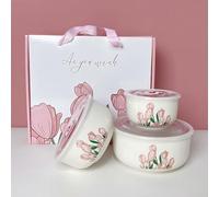 Cnwinu Ceramics Salad Bowl with Lid Sets,Soup Bowls,Kitchen Noodle Bowl Mixing Lunch Box,Suitable for Snack,Soup,Rice,Fruit,Vegetables(Pink Tulips)