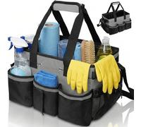 Cnwinu Cleaning Caddy with Handle,Large Multi-Compartment Cleaning Caddy Bag with Removable Dividers&Adjustable Shoulder Strap,Tote Bag Organiser for Cleaners Housekeepers,for Home,Car,Garden (Grey)