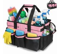 Cnwinu Cleaning Caddy with Handle,Large Multi-Compartment Cleaning Caddy Bag with Removable Dividers&Adjustable Shoulder Strap,Tote Bag Organiser for Cleaners Housekeepers,for Home,Car,Garden(Pink)