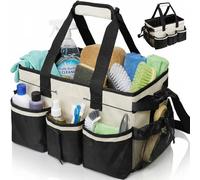 Cnwinu Cleaning Caddy with Handle,Large Multi-Compartment Cleaning Caddy Bag with Removable Dividers&Adjustable Shoulder Strap,Tote Bag Organiser for Cleaners Housekeepers,for Home,Car,Garden (White)