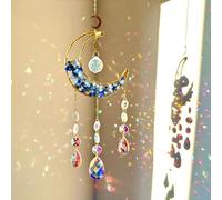Cnwinu Crystal Suncatcher, Gold Moon Catchers Hanging with Chain Pendant Ornament, Rainbow Sunlight Deco, Wind Chimes for Window Bedroom Car Home Garden Party Decorations (Hourglass Moon Blue)