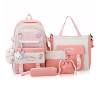 Cnwinu Girls Backpack Set,Girls School Bag,Single Layer Canvas Cute Backpack,Tote Bag,Pen Bag,Crossbody Bag,Kids Kawaii Backpack,Casual Daily Back Pack(Pink)
