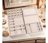 Cnwinu Jewellery Tray 6Pcs, Display & Storage Organiser, Stackable Jewellery Box, Holds Makeup, Necklace, Bracelet, Ring (Beige)