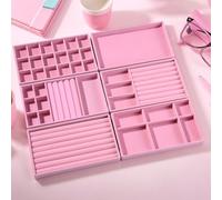 Cnwinu Jewellery Tray 6Pcs,Jewellery Organiser Display,Earring Storage Organiser,Stackers Jewellery Box Organiser,Wardrobe jewelry Storage Drawers,Holds Makeup,Necklace,Bracelet,Jewellery,Ring(Pink)