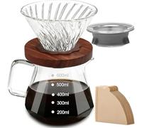 Cnwinu Pour Over Coffee Maker Set,600 ML Clear Borosilicate Glass Coffee Server,Coffee Dripper with 100 PCS Coffee Filter Papers Walnut Base&Glass Lid,Filter Coffee Maker for Home,Cafe,Restaurant