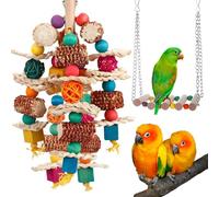 CNYMANY 2 pcs Parrot Toys, Natural Corn Cob Bird Chewing Toys and Bird Swing Toy, Bird Cage Accessories for Cockatiels, African Grey Parrots, Macaws, Sun Conure to Exercise Beak Strength