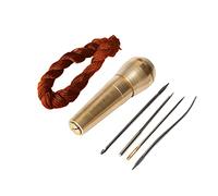 Copper Handle 4 Needles Sewing Awl Hand Stitcher Shoe Repair Tool Kit with 9m Nylon Cord Thread for DIY Sewing Repairing Canvas Leather (Gold +Brown)