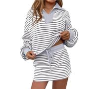 Co Ord Sets for Women Autumn Striped 2 Piece Outfits Long Sleeve Sweatshirt Matching Skirt Set Long Sleeve Workout Skort Tracksuit Casual Outfits Holiday Streetwear Lounge Sets