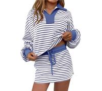 Co Ord Sets for Women Autumn Striped 2 Piece Outfits Long Sleeve Sweatshirt Matching Skirt Set Long Sleeve Workout Skort Tracksuit Casual Outfits Holiday Streetwear Lounge Sets