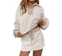 Co Ord Sets for Women Autumn Striped 2 Piece Outfits Long Sleeve Sweatshirt Matching Skirt Set Long Sleeve Workout Skort Tracksuit Casual Outfits Holiday Streetwear Lounge Sets