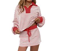 Co Ord Sets for Women Autumn Striped 2 Piece Outfits Long Sleeve Sweatshirt Matching Skirt Set Long Sleeve Workout Skort Tracksuit Casual Outfits Holiday Streetwear Lounge Sets
