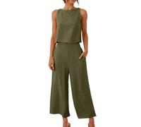 Co Ord Sets for Women Cotton Linen Sleeveless Top Wide Leg Pants Loungewear Jumpsuits 2 Piece Outfits Going Out Holiday Lounge Dungarees Slim Solid Tracksuit Womens Full Set Summer Clothes