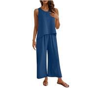Co ord Sets for Women Going Out Summer Linen Lace Back Two Piece Outfits Ladies Sleeveless Tracksuit Wide Leg Capri Trousers and Tank Tops Casual Loose 2 Piece Lounge Wear Set UK Sale Clearance